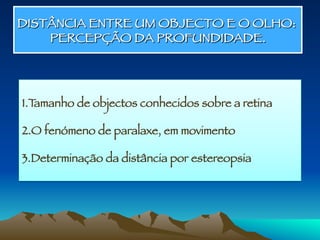 DISTÂNCIA ENTRE UM OBJECTO E O OLHO:
PERCEPÇÃO DA PROFUNDIDADE.

1. Tamanho de objectos conhecidos sobre a retina 
2. O fenómeno de paralaxe, em movimento
3. Determinação da distância por estereopsia

 