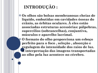 Os olhos são bolsas membranosas cheias de líquido, embutidas em cavidades ósseas do crânio, as órbitas oculares. À eles estão associadas estruturas acessórias: pálpebras, supercílios (sobrancelhas), conjuntiva, músculos e aparelho lacrimal.  O formato do olho proporciona um esboço perfeito para o foco , seleção , absorção e regulagem da intensidade dos raios de luz. A interpretação das imagens transportadas ao olho pela luz acontece no cérebro. INTRODUÇÃO : 