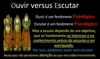 Ouvir é um fenômeno Fisiológico
Escutar é um fenômeno Psicológico
Mas a escuta depende de um objetivo,
que se fundamenta no interesse e no
conhecimento prévio do assunto a ser
averiguado.
Por isso, podemos ouvir sem escutar.
Basta que não prestemos atenção ao que nos estão transmitindo.
 