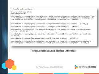 Por Fábio Ricotta - OlhoSEO SP 2013
Regras colocadas no arquivo .htaccess
 