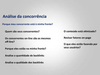 Análise	
  da	
  concorrência	
  
Porque	
  meu	
  concorrente	
  está	
  à	
  minha	
  frente?	
  

   Quem	
  são	
  seus	
  concorrentes?	
                           O	
  conteúdo	
  está	
  o<mizado?	
  

   Os	
  concorrentes	
  on-­‐line	
  são	
  os	
  mesmos	
         Revisar	
  fatores	
  on-­‐page	
  
   oﬀ-­‐line?	
  
                                                                    O	
  que	
  eles	
  estão	
  fazendo	
  por	
  
   Porque	
  eles	
  estão	
  na	
  minha	
  frente?	
              seus	
  usuários?	
  

   Analise	
  a	
  quan<dade	
  de	
  backlinks	
  

   Analise	
  a	
  qualidade	
  dos	
  backlinks	
  
 