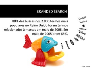 BRANDED	
  SEARCH	
  

      88%	
  das	
  buscas	
  nos	
  2.000	
  termos	
  mais	
  
    populares	
  no	
  Reino	
  Unido	
  foram	
  termos	
  
relacionados	
  à	
  marcas	
  em	
  maio	
  de	
  2008.	
  Em	
  
                         maio	
  de	
  2005	
  eram	
  65%.	
  




                                                                     Fonte: Hitwise
 