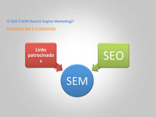 O	
  QUE	
  É	
  SEM	
  (Search	
  Engine	
  Marke<ng)?	
  

DIVIDIDO	
  EM	
  2	
  CONCEITOS	
  



                     Links	
  
                  patrocinado
                       s	
  
                                                              SEO	
  
                                                   SEM	
  
 