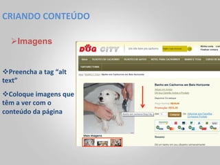 CRIANDO	
  CONTEÚDO	
  

    Ø Imagens


v Preencha	
  a	
  tag	
  “alt	
  
text”	
  
v Coloque	
  imagens	
  que	
  
têm	
  a	
  ver	
  com	
  o	
  
conteúdo	
  da	
  página	
  
 