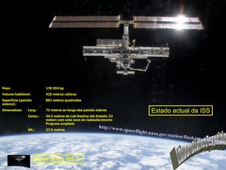 Laboratórios Espaciais ISS de bordo da última missão que levou o Thrust P1 STS113 Estado actual da ISS http://www.spaceflight.nasa.gov/station/flash/modules.html Onde está a ISS ? Peso: 178 594 kg  Volume habitável: 425 metros cúbicos Superfície (painéis solares): 892 metros quadrados Dimensõess: Larg.: 73 metros ao longo dos painéis solares Comp.: 44.5 metros do Lab Destiny até Zvezda; 52 meters com uma nave de reabastecimento Progress acoplada Alt.: 27.5 metros 
