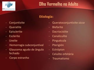 Olho Vermelho no Adulto
Etiologia:
-

Conjuntivite
Queratite
Episclerite
Esclerite
Uveíte
Hemorragia subconjuntival
Glaucoma agudo de ângulo
fechado
- Corpo estranho

-

Queratoconjuntivite sicca
Blefarite
Dacriocistite
Canaliculite
Pinguécula
Pterigión
Ectrópion
Celulite orbitária
Traumatismo

 