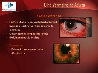 Olho Vermelho no Adulto
•Corpo estranho
-

-

História clínica minuciosa(rebarbar/cavar);
Eversão palpebral, verificar se porta de
entrada;
Observação na lâmpada de fenda;
Excluir penetração ocular;
Tratamento:
Extracção do corpo estranho
AB´s tópicos

 