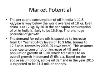 Market Potential
• The per capita consumption of oil in India is 11.5
kg/year is way below the world average of 18 kg. Even
china is at 17 kg. By 2010 the per capita consumption
of oil in India is likely to be 15.6 kg. There is huge
potential of growth.
• The demand for edible oils is expected to increase
from Oil Year 2004-05 levels of 10.9 Mln. tonnes to
12.3 Mln. tonnes by 2006-07 (two years). This assumes
a per capita consumption increase of 4% and a
population growth of 1.9% which translates to an
overall growth in demand @ 6% p.a. Based on the
above assumptions, edible oil demand in the year 2015
is expected to be 21.3 million tonnes.

 