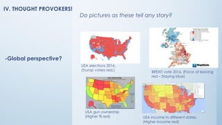 IV. THOUGHT PROVOKERS!
-Global perspective?
USA elections 2016.
(Trump voters red.)
USA income in different states.
(Higher income red)
Do pictures as these tell any story?
USA gun ownership
(Higher % red)
BREXIT vote 2016. (Favor of leaving
red – Staying blue)
 