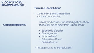 V. CONCLUSIONS/
RECOMMENDATION
-Global perspective?
There is a „Social-Gap“
• Aside from particular political
matters/conclusions:
= Many indicators – local and global – show
that Rural areas differ from urban areas:
• Economic situation
• Demography
• Income level
• Educational level
• Political views
= This gap has to to be reduced!!
 