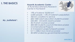 I. THE BASICS
www.hac.is
My „battlefield“:
Husavik Academic Center -
-A Rural Educational & Research
Center in Numbers?
• 19% of Iceland 18.000 km2
• 5.000 people -1,5% of Iceland‘s population
• 350 km coastline to service
• 600-1000 adult education students p/year
• 250-400 - University exams p/year
• 30-70 short courses p/year
• 300-500 students council interviews p/year
• 2-3 international Projects
• 4-10 research projects/reports p/year
• 0,7-1 million Euro revenue p/year
• 30-50% funded by governmental contract
 
