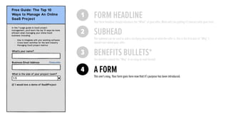 4 A FORM
3 BENEFITS BULLETS*
The beneﬁts extend the “Why” in an easy to read format.
2
1 FORM HEADLINE
SUBHEAD
The subhead can be used to add a clarifying description of what the offer is, this is the ﬁrst part of “Why” I
should care about your offer.
Your form headline should introduce the “What” of your offer. What will I be getting if I interact with your form.
This one’s easy. Your form goes here now that it’s purpose has been introduced.
 