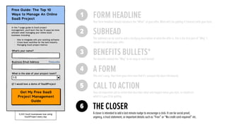 5 CALL TO ACTION
4 A FORM
3 BENEFITS BULLETS*
The beneﬁts extend the “Why” in an easy to read format.
2
1 FORM HEADLINE
SUBHEAD
The subhead can be used to add a clarifying description of what the offer is, this is the ﬁrst part of “Why” I
should care about your offer.
Your form headline should introduce the “What” of your offer. What will I be getting if I interact with your form.
This one’s easy. Your form goes here now that it’s purpose has been introduced.
Your all-important call to action that describes what will happen when you click, or reinforces
what it is you’ll be getting.
6 THE CLOSER
A closer is intended to add a last minute nudge to encourage a click. It can be social proof,
urgency, a trust statement, or important details such as “Free” or “No credit card required” etc.
 