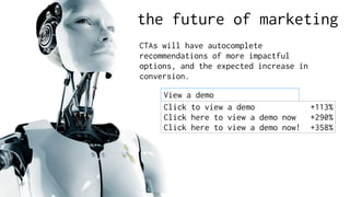 the future of marketing
CTAs will have autocomplete
recommendations of more impactful
options, and the expected increase in
conversion.
+113%
+290%
+358%
View a demo
Click to view a demo
Click here to view a demo now
Click here to view a demo now!
 