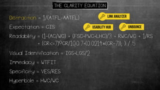Readability = (1-(AC/WC) + (FSC+PWC+LHC)/3 + RWC/WC + 1/RS
+ (CR<=7)?CR/10:0.7+(0.0214*(CR-7)); ) / 5
Distraction = 1/(ATFL-AATFL)
Expectation = CIS
Immediacy = WTFIT
Specificity = VES/RES
Visual Identification = IGS+LGS/2
Hyperbole = HWC/WC
THE CLARITY EQUATION
Link analyzer
usability hub unbounce
 