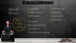 @oligardner
#SeerCCQ
bit.ly/og-seer
Readable
Enumerated
Verifiable
Proximal
Non-Hyperbolic
Authentic
Transformational
Social =
Proof
THE TESTIMONIAL EQUATION
Contextual
Relatable
Isolatable
BrandedR.E.V.
P.H.A.T.
C.R.I.B.
R
E
V
P
H
A
T
C
R
I
B
 
