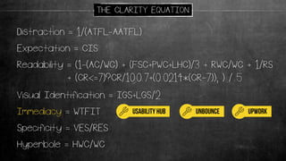 Readability = (1-(AC/WC) + (FSC+PWC+LHC)/3 + RWC/WC + 1/RS
+ (CR<=7)?CR/10:0.7+(0.0214*(CR-7)); ) / 5
Distraction = 1/(ATFL-AATFL)
Expectation = CIS
Immediacy = WTFIT
Specificity = VES/RES
Visual Identification = IGS+LGS/2
Hyperbole = HWC/WC
THE CLARITY EQUATION
usability hub unbounce UPWORK
 
