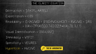 Readability = (1-(AC/WC) + (FSC+PWC+LHC)/3 + RWC/WC + 1/RS
+ (CR<=7)?CR/10:0.7+(0.0214*(CR-7)); ) / 5
Distraction = 1/(ATFL-AATFL)
Expectation = CIS
Immediacy = WTFIT
Specificity = VES/RES
Visual Identification = IGS+LGS/2
Hyperbole = HWC/WC
THE CLARITY EQUATION
the de-jargonator
 