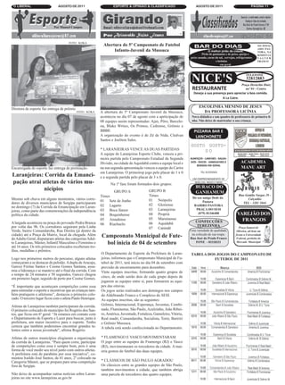 O LIBERAL                      AGOSTO DE 2011                       ESPORTE & OPINIÃO & CLASSIFICADO                     AGOSTO DE 2011                                PÁGINA 11




                             Por Manoel Campos



                                       FOTO : KOKA
                                                               Abertura do 5º Campeonato de Futebol                      BAR DO DIAS                                        NO POVO-
                                                                                                                                                                            ADO PAS-
                                                                    Infanto-Juvenil da Mussuca                                      O melhor pirão da cidade.               TORA, NA
                                                                                                                               Pirão de guaiamun e de peixe, queijo e       RODOVIA
                                                                                                                      peixe assado, carne do sol, cervejas, refrigerantes   VA LT E R
                                                                                                                                          e bebidas                         FRANCO
                                                                                                                                              em geral.




                                                                                                                       NICE'S                                      TELEFONE
                                                                                                                                                                   32812883

                                                                                                                       RESTAURANTE
                                                                                                                                                                Praça Heráclito Diniz
                                                                                                                                                                   naº 04 - Centro.
                                                                                                                        Deseja a sua presença para apreciar a boa comida.
                                                                                                                                           A La Catre.

                                                                                                                            ESCOLINHA MENINO DE JESUS
Diretora de esporte faz entrega de prêmio
                                            FOTO : KOKA      A abertura do 5º Campeonato Juvenil da Mussuca,                  DA PROFESSORA LICÍNIA
                                                             aconteceu no dia 07 de agosto com a aprticipação de       Nova didádica e um quadro de professores de primeira li-
                                                             08 equipes assim representadas: Ajax, Pôro, Barcelo-      nha. Não deixe de matricular a sua criança.
                                                             na, Blake Wrties, Os Primos, Cedrense, Grêmio e
                                                             BBBE.                                                       PIZZARIA BAR E
                                                             A organização do evento é de Zé de Nida, Cledvan             LANCHONETE
                                                             Santos e Joeliton Sales.
                                                                                                                      GOSTO GOSTO-
                                                             * LARANJEIRAS VENCE AS DUAS PARTIDAS                          SO
                                                             A equipe do Laranjeiras Esporte Clube, venceu a pri-
                                                             meira partida pelo Campeonato Estadual da Segunda        ALMOÇOS - LANCHES - SALGA-
                                                                                                                      DOS - DOCES - SANDUICHES E               ACADEMIA
                                                                                                                          BEBIDAS EM GERAL
                                                             Divisão, na cidade de Aquidabã contra a equipe local e
Encarregada de esporte faz entrega de premiação.             na sua segunda apresentação venceu a equipe do Carira                                             MANU ART
                                                             em Laranjeiras. O primeirop jogo pelo placar de 1 x 0            TEL 91333503
Laranjeiras: Corrida da Emanci-                              e a segunda partida pelo placar de 3 x 0.                 UM EMPREENDIMENTO DE
pação atrai atletas de vários mu-                                                                                       NOELZIA, NEGO E NEM
                                                                   Na 1ª fase foram formados dois grupos:
                                                                                                                          BURACO DO
                                                                                                                      AVENIDA ROTARY ( EM FRENTE
             nicípios
                                                                                                                       AO CENTRO DE TERADIÇÕES)
                                                                     GRUPO A                GRUPO B                       GANHAMUM
                                                             Times                          Times                                                            Rua Getúlio Vargas 29 -
Mesmo sob chuva em alguns momentos, vários corre-                                                                       Do seu amigo Dedé da                       Calçadão
                                                             01 Sete de Junho               01 Neópolis                        Pastora
dores de diversos municípios de Sergipe participaram                                        02 Gloriense
                                                                                                                                                               TEL - 3281 1044
no domingo (7) da Corrida da Emancipação em Laran-           02 Lagarto                                                  BAIRRO PASTORA
jeiras, como parte das comemorações da independência         03 Boca Júnior                 03 Laranjeiras                PRAÇA DO SESI
                                                                                            04 Propriá                      (079) 81346400
política da cidade.                                          04 Boquinhense
                                                             05 Amadense                    05 Maruinense
A largada aconteceu na praça do povoado Pedra Branca                                        06 Aquidabã                   CONFECÇÕES
                                                             06 Riachuelo                                                 TEREZINHA
por volta das 9h. Os corredores seguiram pela Linha                                         07 Canindé
Verde, bairro Comandaroba, Rua Direita (já dentro da                                                                  Uma variedade de qualidade,
cidade) até a Praça da Matriz, local da chegada. Além                                                                  na cofecção de sua roupa.
do Adulto Geral, disputaram atletas das categorias Adul-
                                                             Campeonato Municipal de Fute-                            Rua José do Prado Franco
to Laranjeiras, Máster, Infantil Masculino e Feminino e        bol inicia de 04 de setembro                               FONE - 81118331
até 16 anos. Os três primeiros colocados receberam tro-
féus, medalhas e prêmios.
                                                             O Departamento de Esporte da Prefeitura de Laran-         TABELA DOS JOGOS DO CAMPEONATO DE
Logo nos primeiros metros do percurso, alguns atletas        jeiras, informou que o Campeonato Municipal de Fu-                  FUTEBOL DE 2011
começaram a se destacar do pelotão. A dupla de Aracaju,      tebol de 2011, terá início no dia 04 de setembro com
Garcez Freitas Santos e Cosme Gomes Santana, assu-           previsão de encerramento para dezembro.
miu a liderança e se manteve até o final da corrida. Com     Vinte equipes inscritas, formando quatro grupos de
o tempo de 24 minutos e 50 segundos, Garcez chegou
em primeiro lugar, seguido de perto por Cosme Gomes.         cinco, de onde sairão dois de cada grupo depois de
                                                             jogarem as equipes entre sí, para formarem as equi-
“É importante que aconteçam competições como essa            pes das oitavas.
para estimular o esporte e incentivar que as crianças tam-   Os jogos seráo realizados aos domingos nos campos
bém pratiquem o atletismo”, destacou o primeiro colo-        do Aldebrando Franco e Complexo do SESI.
cado. O terceiro lugar ficou com o atleta Paulo Henrique.    As equipes inscritas, são as seguintes:
Atletas de Laranjeiras também participaram da corrida.       Grêmio, Internacional, Esperança, Juventus, Combi-
O primeiro colocado do município foi Rogério dos San-        nado, Fluminense, São Paulo, Azulzinho, João Ribei-
tos, que ficou em 6º geral. “Já estamos em contato com       ro, América, Juventude, Fortaleza, Gameleiro, Vitòria,
o Departamento de Esporte e Lazer para buscar, junto à       Real madri, Comandaroba, Socialista, Torre, Baririri
prefeitura, um maior incentivo para o esporte. Tenho         e Grêmio Mussuca.
certeza que também poderemos encontrar grandes ta-           A tabela está sendo confeccionada no Departamento.
lentos entre a nossa juventude”, afirma Rogério.

Atletas de outros municípios elogiaram a organização         * FLAMENGO E VASCO MOVIMENTARAM
da corrida de Laranjeiras. “Para quem corre, participar      O jogo entre as equipes do Framengo (RJ) e Vasco
de competições como essa é sempre bom, pois é uma            (RJ), movimentaram os torcedores da cidade. A mai-
forma de você medir seu nível junto com outros atletas.      oria gostou do futebol das duas equipes.
A prefeitura está de parabéns por essa iniciativa”, co-
mentou Iraildo José Santos, de 41 anos, 2º colocado na
Categoria Máster, que se prepara para uma competição         * CLÁSSICOS DE SÃO PAULO AGRADOU
fora de Sergipe.                                             Os clássicos entre as grandes equipes de São Paulo,
                                                             também movimentou a cidade, que também abriga
Não deixe de acompanhar outras notícias sobre Laran-         uma parcela de torcedores das quatro equipes.
jeiras no site www.laranjeiras.se.gov.br
 