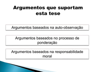 Argumentos baseados na auto-observação
Argumentos baseados no processo de
ponderação
Argumentos baseados na responsabilidade
moral
Argumentos que suportam
esta tese
 