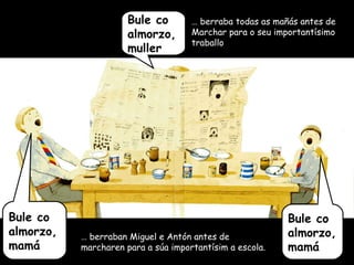 Bule co almorzo, muller Bule co almorzo, mamá Bule co almorzo,mamá …  berraba todas as mañás antes de Marchar para o seu importantísimo traballo …  berraban Miguel e Antón antes de marcharen para a súa importantísim a escola. 