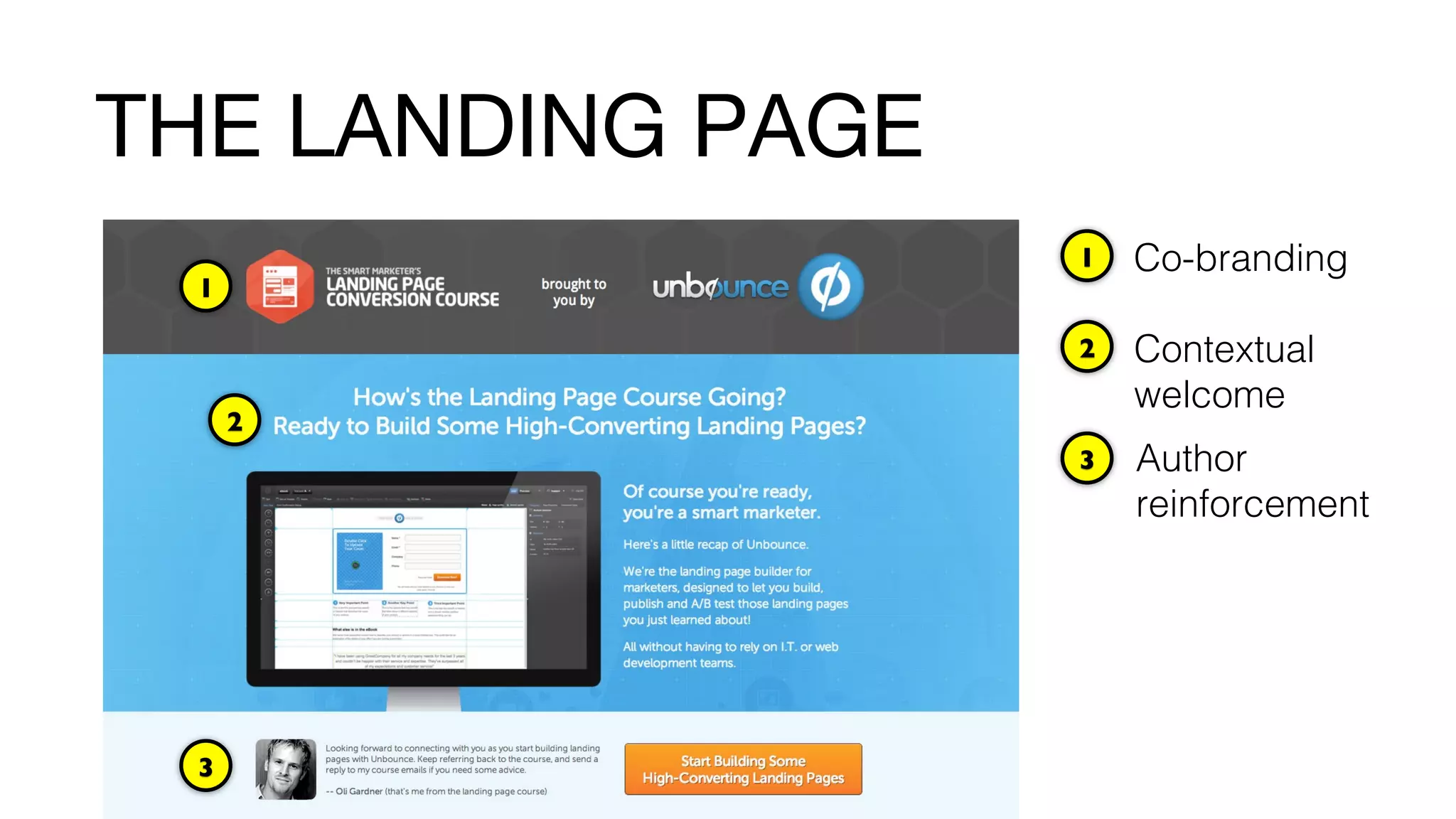 Co-branding!1	

1	

2	

Contextual
welcome!
2	

Author
reinforcement!
3	

3	

THE LANDING PAGE
 