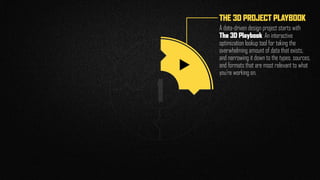 1
THE 3D PROJECT PLAYBOOK
A data-driven design project starts with 
The 3D Playbook. An interactive
optimization lookup tool for taking the
overwhelming amount of data that exists,
and narrowing it down to the types, sources,
and formats that are most relevant to what
you’re working on.
N
 