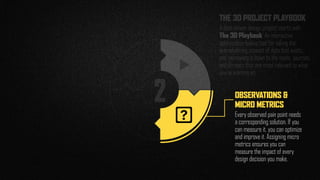 2 OBSERVATIONS & 
MICRO METRICS
Every observed pain point needs
a corresponding solution. If you
can measure it, you can optimize
and improve it. Assigning micro
metrics ensures you can
measure the impact of every
design decision you make.
N
THE 3D PROJECT PLAYBOOK
A data-driven design project starts with 
The 3D Playbook. An interactive
optimization lookup tool for taking the
overwhelming amount of data that exists,
and narrowing it down to the types, sources,
and formats that are most relevant to what
you’re working on.
 