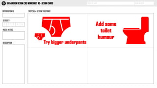 PROJECT NAME TEAM MEMBERDATA-DRIVEN DESIGN (3D) WORKSHEET #3 - DESIGN CARDS
OBSERVATION ID SKETCH 1-4 DESIGN SOLUTIONS
3D
1 2 3 4 5
SEVERITY
MICRO METRIC
DESCRIPTION Try bigger underpants
Add some
toilet
humour
 