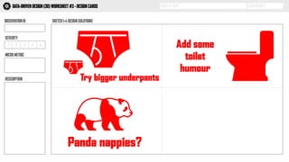 PROJECT NAME TEAM MEMBERDATA-DRIVEN DESIGN (3D) WORKSHEET #3 - DESIGN CARDS
OBSERVATION ID SKETCH 1-4 DESIGN SOLUTIONS
3D
1 2 3 4 5
SEVERITY
MICRO METRIC
DESCRIPTION Try bigger underpants
Add some
toilet
humour
Panda nappies?
 