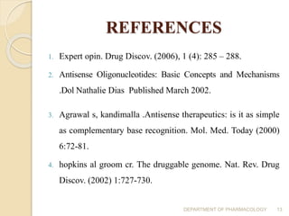 REFERENCES
1. Expert opin. Drug Discov. (2006), 1 (4): 285 – 288.
2. Antisense Oligonucleotides: Basic Concepts and Mechanisms
.Dol Nathalie Dias Published March 2002.
3. Agrawal s, kandimalla .Antisense therapeutics: is it as simple
as complementary base recognition. Mol. Med. Today (2000)
6:72-81.
4. hopkins al groom cr. The druggable genome. Nat. Rev. Drug
Discov. (2002) 1:727-730.
DEPARTMENT OF PHARMACOLOGY 13
 