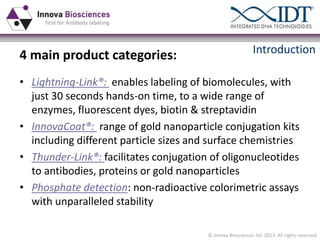 4 main product categories:

Introduction

• Lightning-Link®: enables labeling of biomolecules, with
just 30 seconds hands-on time, to a wide range of
enzymes, fluorescent dyes, biotin & streptavidin
• InnovaCoat®: range of gold nanoparticle conjugation kits
including different particle sizes and surface chemistries
• Thunder-Link®: facilitates conjugation of oligonucleotides
to antibodies, proteins or gold nanoparticles
• Phosphate detection: non-radioactive colorimetric assays
with unparalleled stability
© Innova Biosciences ltd. 2013. All rights reserved

 