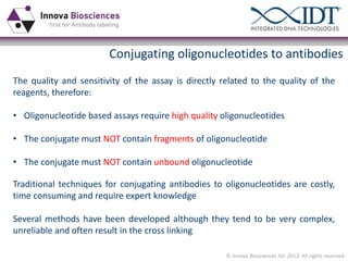 Conjugating oligonucleotides to antibodies
The quality and sensitivity of the assay is directly related to the quality of the
reagents, therefore:
• Oligonucleotide based assays require high quality oligonucleotides
• The conjugate must NOT contain fragments of oligonucleotide
• The conjugate must NOT contain unbound oligonucleotide
Traditional techniques for conjugating antibodies to oligonucleotides are costly,
time consuming and require expert knowledge
Several methods have been developed although they tend to be very complex,
unreliable and often result in the cross linking
© Innova Biosciences ltd. 2013. All rights reserved

 