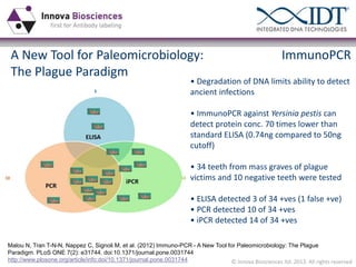 A New Tool for Paleomicrobiology:
The Plague Paradigm

ImmunoPCR

• Degradation of DNA limits ability to detect
ancient infections
• ImmunoPCR against Yersinia pestis can
detect protein conc. 70 times lower than
standard ELISA (0.74ng compared to 50ng
cutoff)
• 34 teeth from mass graves of plague
victims and 10 negative teeth were tested
• ELISA detected 3 of 34 +ves (1 false +ve)
• PCR detected 10 of 34 +ves
• iPCR detected 14 of 34 +ves

Malou N, Tran T-N-N, Nappez C, Signoli M, et al. (2012) Immuno-PCR - A New Tool for Paleomicrobiology: The Plague
Paradigm. PLoS ONE 7(2): e31744. doi:10.1371/journal.pone.0031744
http://www.plosone.org/article/info:doi/10.1371/journal.pone.0031744
© Innova Biosciences ltd. 2013. All rights reserved

 