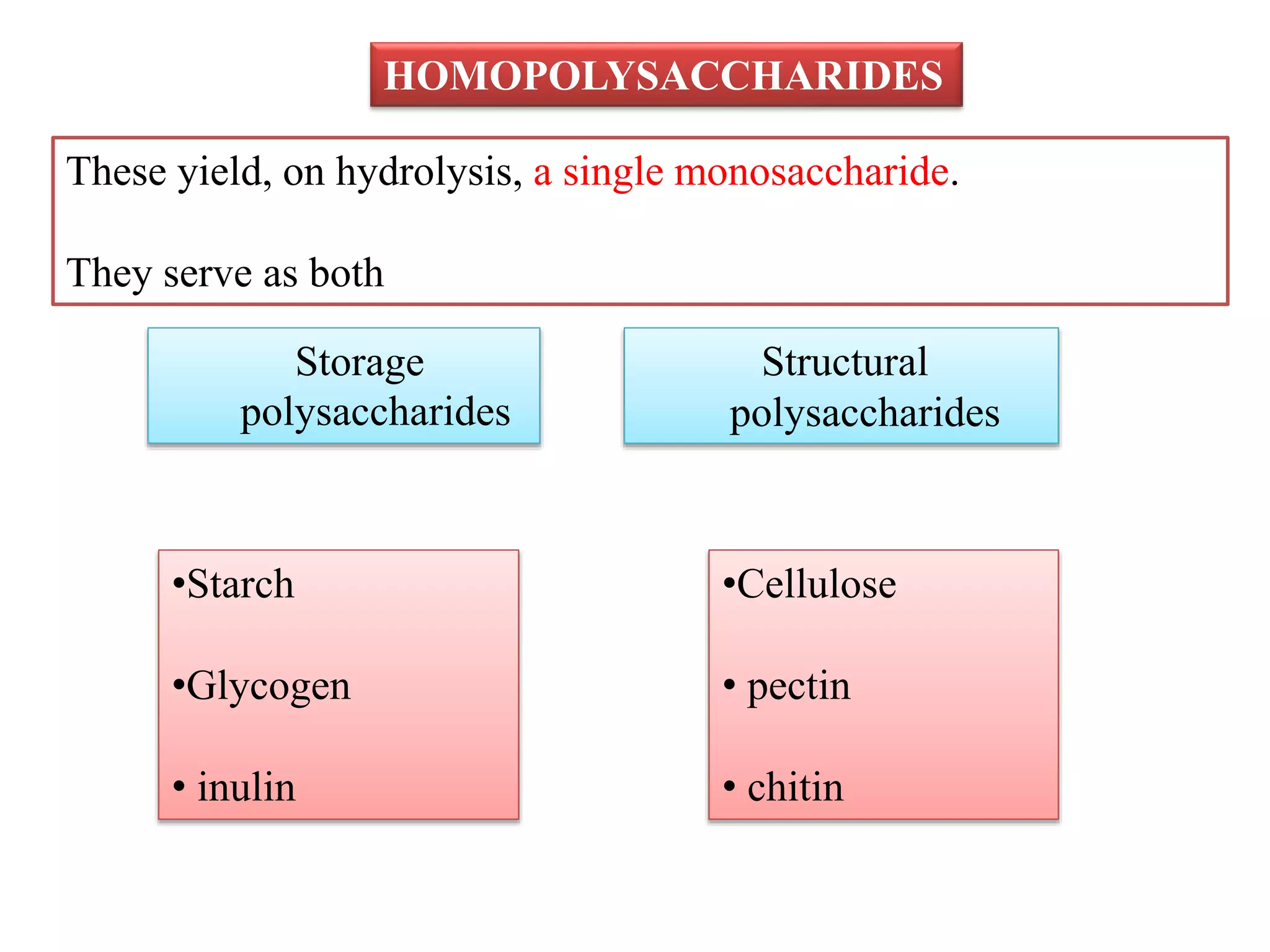•Cellulose
• pectin
• chitin
HOMOPOLYSACCHARIDES
These yield, on hydrolysis, a single monosaccharide.
They serve as both
Storage
polysaccharides
Structural
polysaccharides
•Starch
•Glycogen
• inulin
 