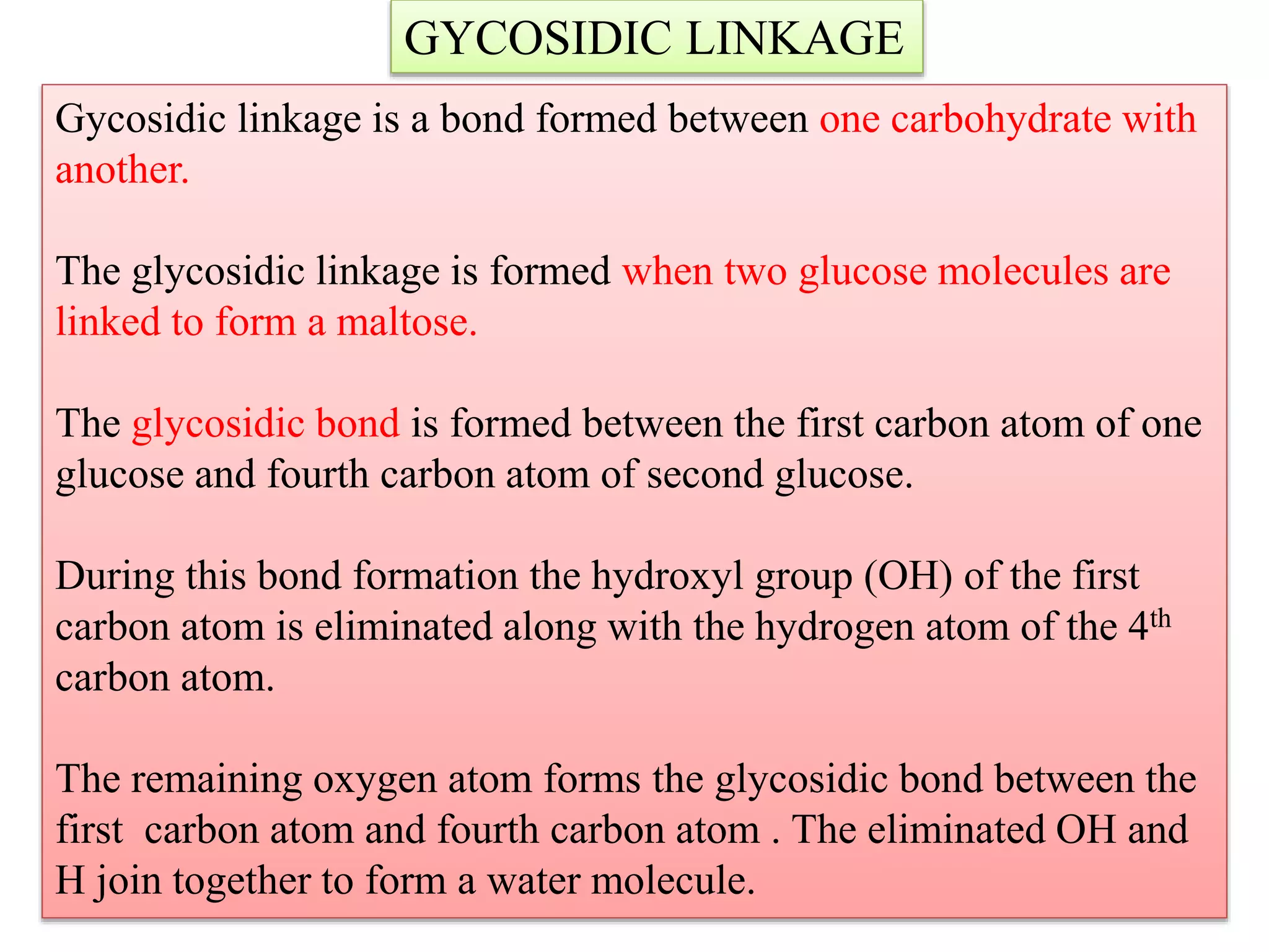 Gycosidic linkage is a bond formed between one carbohydrate with
another.
The glycosidic linkage is formed when two glucose molecules are
linked to form a maltose.
The glycosidic bond is formed between the first carbon atom of one
glucose and fourth carbon atom of second glucose.
During this bond formation the hydroxyl group (OH) of the first
carbon atom is eliminated along with the hydrogen atom of the 4th
carbon atom.
The remaining oxygen atom forms the glycosidic bond between the
first carbon atom and fourth carbon atom . The eliminated OH and
H join together to form a water molecule.
GYCOSIDIC LINKAGE
 
