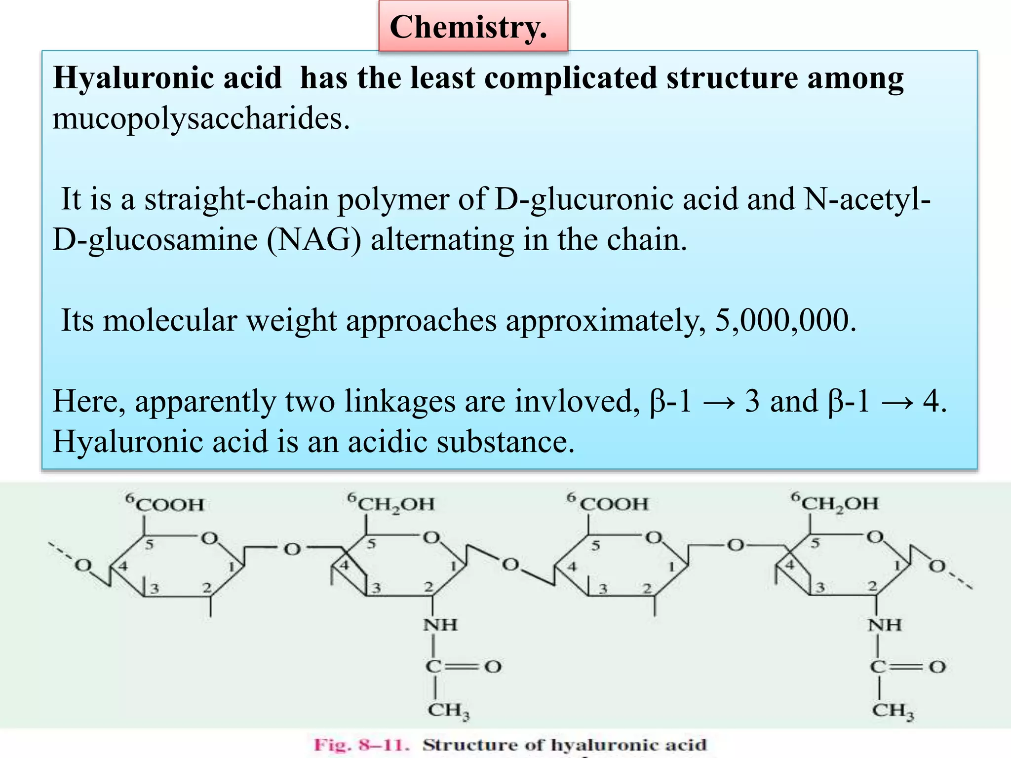 Hyaluronic acid has the least complicated structure among
mucopolysaccharides.
It is a straight-chain polymer of D-glucuronic acid and N-acetyl-
D-glucosamine (NAG) alternating in the chain.
Its molecular weight approaches approximately, 5,000,000.
Here, apparently two linkages are invloved, β-1 → 3 and β-1 → 4.
Hyaluronic acid is an acidic substance.
Chemistry.
 