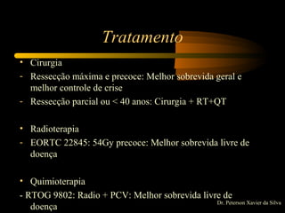 Tratamento
• Cirurgia
- Ressecção máxima e precoce: Melhor sobrevida geral e
melhor controle de crise
- Ressecção parcial ou < 40 anos: Cirurgia + RT+QT
• Radioterapia
- EORTC 22845: 54Gy precoce: Melhor sobrevida livre de
doença
• Quimioterapia
- RTOG 9802: Radio + PCV: Melhor sobrevida livre de
doença
Dr. Peterson Xavier da Silva
 