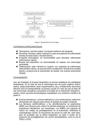 Figura 1. Diagnóstico de menorragia.
EXÁMENESCOMPLEMENTARIOS
 Hemograma: permite evaluar el impacto sistémico del sangrado.
 Hormonas tiroideas: deben medirse en caso de sospecha de enfermedad
tiroidea de base (hiper o hipotiroidismo).
 Ecografía transvaginal: es recomendable para descartar enfermedad
endocavitaria uterina.
 Biopsia del endometrio: es recomendable en mujeres con menorragia
persistente.
 Histeroscopia: está indicada en mujeres con sospecha de enfermedad
endocavitaria uterina, ya que permite la visualización directa de la cavidad
uterina y proporciona la oportunidad de realizar una biopsia endometrial
dirigida.
TRATAMIENTO
Una vez finalizado el proceso diagnóstico es preciso establecer las estrategias
terapéuticas. En el caso de que la menorragia sea de causa orgánica (tumor
uterino, pólipo endometrial, hiper o hipotiroidismo, etc.), el tratamiento de primera
elección será el correspondiente al proceso causal. En caso de que se trate de
una menorragia idiopática o secundaria al empleo de un dispositivo intrauterino,
existen varias opciones farmacológicas respaldadas con evidencia científica de
grado A:
 El ácido tranexámico, el ácidomefenámico y los contraceptivos orales han
demostrado ser eficaces para reducir la pérdida de sangre menstrual.
 Los fármacos antifibrinolíticos y los antiinflamatorios no esteroideos
(AINE) son eficaces para reducir la pérdida sanguínea en portadoras de
dispositivos intrauterinos con menorragia. Los AINES son capaces de
reducir los niveles de prostaglandinas en el endometrio inhibiendo la
ciclooxigenasa (COX). El mecanismo de acción no está del todo claro,
pero es probable que el efecto terapéutico se logre a través de la
reducción de prostaglandinas con acción vasodilatadora, como lo son la
PGE2 y PG I2.
 