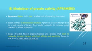 B) Modulator of protein activity (APTAMERS)
 Aptamers (Aptus- to fit, mer- smallest unit of repeating structures)
 Based on their 3-dimensional structure, Aptamers can well fittingly bind
to a wide variety of targets from single molecules to complex target
mixtures or whole organisms.
 Single stranded folded oligonucleotides and peptide that bind to
molecular (protein) targets with high affinity and specificity. Range in
size from 20 to 80 bases (6-26 kDa)
Department of Pharmacy, ADTU
24
 