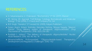 REFERENCES:
 U. Satyanarayana, U. Chakrapani, “Biochemistry” 5th Ed. (2017), Elsevier
 P.S. Verma, V.K. Agarwal, “Cell Biology: Cytology, Biomolecules and Molecular
Biology” 1st Ed. (2016), S. Chand and Company Pvt. Ltd
 B.D. Singh, “Genetics” 2nd revised Ed. (2009), Kalyani Publishers
 Yutaro Asami, Kotaro Yoshioka, Kazutaka Nishina, Tetsuya Nagata, Takanori
Yokota* “Drug delivery system of therapeutic oligonucleotides” Drug
Discoveries & Therapeutics. 2016; 10(5):256-262.
 Rudolph L. Juliano* “The delivery of therapeutic oligonucleotides” Nucleic
Acids Research, 2016, Vol. 44, No. 14
 Wissenschaftliche Prüfungsarbeit, “Oligonucleotide-based Therapeutics,
Development and Regulatory Challenges” 2016; 1-62
Department of Pharmacy, ADTU
34
 
