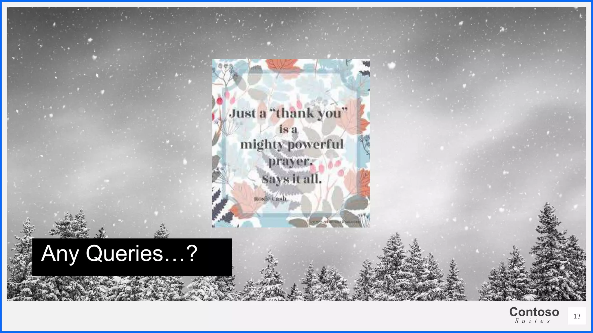Contoso
S u i t e s
13
Any Queries…?
 