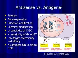 Antisense vs. Antigene 2 Potency Gene expression Selective modification Chemical modification p H  sensitivity of C-GC K +  sensitivity of GA or GT Low target accessibility and affinity No antigene ON in clinical trials S. Buchini, C. Leumann 2003 