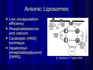 Anionic Liposomes Low encapsulation efficiency Phosphatidylserine and calcium Cardiolipin (MVE) technique Dipalmitoyl-phosphatidylglycerol (DPPG) O. Zelphati, F. Szoka1996 