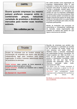 Ocorre quando empresas (ou mesmo
países) preferem cooperar entre si,
combinando preços, reduzindo
variedade de produtos e dividindo os
mercados para manter suas receitas
estáveis.
São coibidos por lei.
CARTELCARTELCARTELCARTEL
Um cartel consiste numa organização de
empresas independentes entre si, que
produzem o mesmo tipo de bens e que se
associam para elevar os preços de venda
e limitar a produção, criando assim uma
situação semelhante a um monopólio (no
sentido em que as empresas cartelizadas
funcionam como uma única empresa). Este
tipo de acordos podem concretizar-se pela
fixação conjunta dos preços de venda, pela
divisão do mercada entre si ou pela fixação
de quotas de produção para cada uma das
empresas participantes.
Devido às limitações que provocam na
concorrência e consequente ineficiências
de mercado, essas organizações são
proibidas na maioria dos países em que
vigora a economia de mercado.
Truste
GruposGruposGruposGrupos dededede empresasempresasempresasempresas quequequeque sesesese fundemfundemfundemfundem atravésatravésatravésatravés dadadada
incorporaçãoincorporaçãoincorporaçãoincorporação dededede empresasempresasempresasempresas quequequeque abremabremabremabrem mãomãomãomão dededede suasuasuasua
independênciaindependênciaindependênciaindependência legallegallegallegal paraparaparapara constituirconstituirconstituirconstituir umaumaumauma únicaúnicaúnicaúnica
organizaçãoorganizaçãoorganizaçãoorganização.... OOOO intuitointuitointuitointuito éééé dominardominardominardominar determinadadeterminadadeterminadadeterminada ofertaofertaofertaoferta
dededede produtosprodutosprodutosprodutos e/oue/oue/oue/ou serviçosserviçosserviçosserviços....
TrustesTrustesTrustesTrustes verticaisverticaisverticaisverticais:::: visamvisamvisamvisam controlarcontrolarcontrolarcontrolar dededede formaformaformaforma sequencialsequencialsequencialsequencial aaaa
produçãoproduçãoproduçãoprodução dededede determinadodeterminadodeterminadodeterminado gênerogênerogênerogênero industrialindustrialindustrialindustrial....
TrustesTrustesTrustesTrustes horizontaishorizontaishorizontaishorizontais:::: empresasempresasempresasempresas quequequeque trabalhamtrabalhamtrabalhamtrabalham comcomcomcom oooo mesmomesmomesmomesmo
ramoramoramoramo dededede produtosprodutosprodutosprodutos....
ExExExEx:::: StandartStandartStandartStandart OilOilOilOil ---- AtualAtualAtualAtual EXXONEXXONEXXONEXXON
Reunião de empresas que perdem seu
poder individual e o submetem ao controle
de um conselho de trustes. Surge uma
nova empresa com poder maior de
influência sobre o mercado. Geralmente
tais organizações formam monopólios. Os
trustes surgiram em 1882 nos EUA, e o
temor de que adquirissem poder muito
grande e impusessem monopólios muito
extensos fez com que logo fossem
adotadas leis antitrustes, como a Lei
Sherman, aprovada pelos norte-
americanos em 1890.
*Os danos que os Trustes causaram à
economia americana e alemã no fim do
séc. XIX provocaram medidas como as leis
antitrustes que conseguiram dividir
empresas como a Standart Oil nos EUA no
início do século XX.
No Brasil, o controle antitruste é feito pela
Lei nº 8.884/94.
 