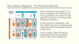Non-collusive Oligopoly – The Prisoner’s Dilemma
Each criminal knows that if no-
one confesses and informs on
his co-partners in crime, he will
get off scot-free or at least with
modest sentence.
If one partner confesses, and
the others do not, he will go free
while the others received severe
sentences
If all confess, then all will be
sentenced but less severely
than if only one confesses.
 