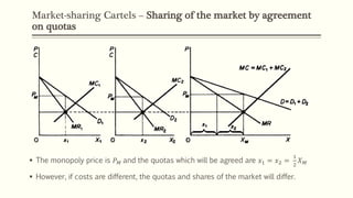 Market-sharing Cartels – Sharing of the market by agreement
on quotas
▪ The monopoly price is 𝑃 𝑀 and the quotas which will be agreed are 𝑥1 = 𝑥2 =
1
2
𝑋 𝑀
▪ However, if costs are different, the quotas and shares of the market will differ.
 