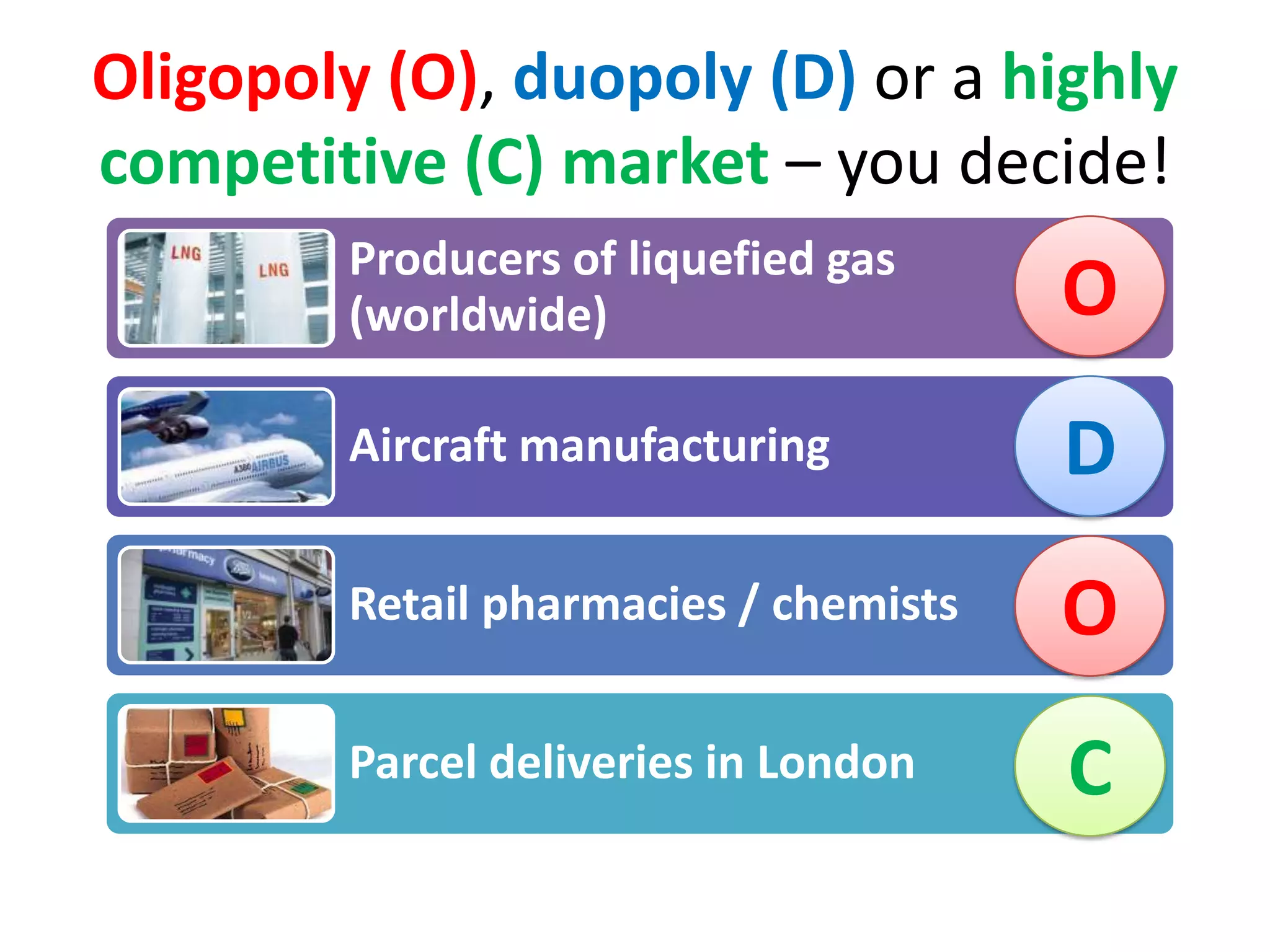 Oligopoly (O), duopoly (D) or a highly
competitive (C) market – you decide!
Producers of liquefied gas
(worldwide)
Aircraft manufacturing
Retail pharmacies / chemists
Parcel deliveries in London
O
D
O
C
 