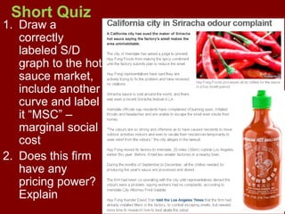 Short Quiz

1. Draw a
correctly
labeled S/D
graph to the hot
sauce market,
include another
curve and label
it “MSC” –
marginal social
cost
2. Does this firm
have any
pricing power?
Explain

 