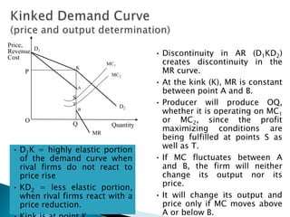 • Discontinuity in AR (D1KD2)
creates discontinuity in the
MR curve.
• At the kink (K), MR is constant
between point A and B.
• Producer will produce OQ,
whether it is operating on MC1
or MC2, since the profit
maximizing conditions are
being fulfilled at points S as
well as T.
• If MC fluctuates between A
and B, the firm will neither
change its output nor its
price.
• It will change its output and
price only if MC moves above
A or below B.
• D1K = highly elastic portion
of the demand curve when
rival firms do not react to
price rise
• KD2 = less elastic portion,
when rival firms react with a
price reduction.
D1
D2
K
A
B
MR
Quantity
O
MC1
MC2
P
Q
S
T
Price,
Revenue,
Cost
 